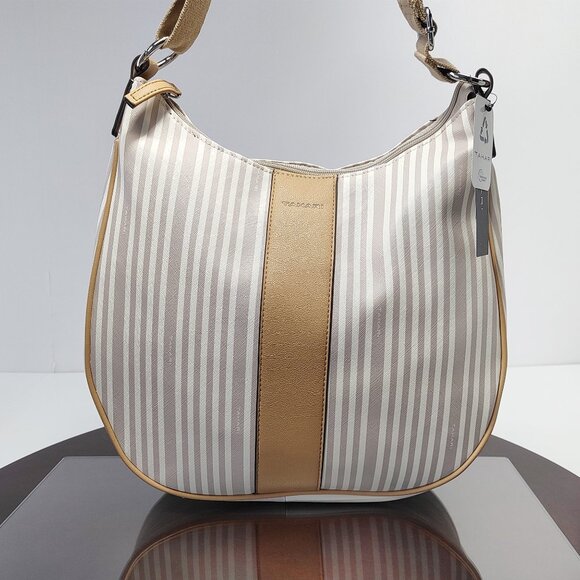 NWT Tahari Logo Hobo Handbag Striped Purse Satchel Vegan Recycled Beige $139 12" - Picture 13 of 13